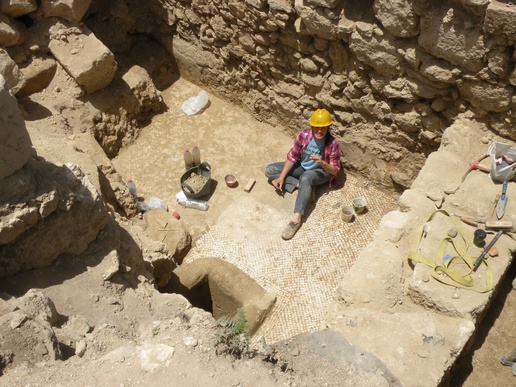 Fig. 6. Trench 5: cleaning of mosaic by a conservator, 2025 (image by Mariusz Burdajewicz).
