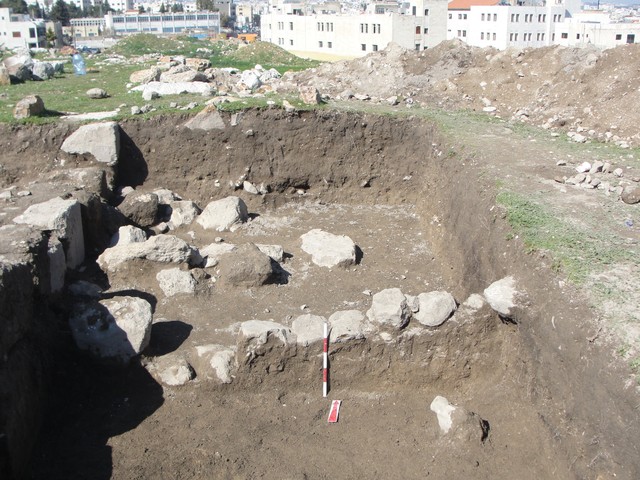 Fig. 8. Trench Sq1 with the Mamluk-period floors on both sides of the E-W wall; view from the southeast